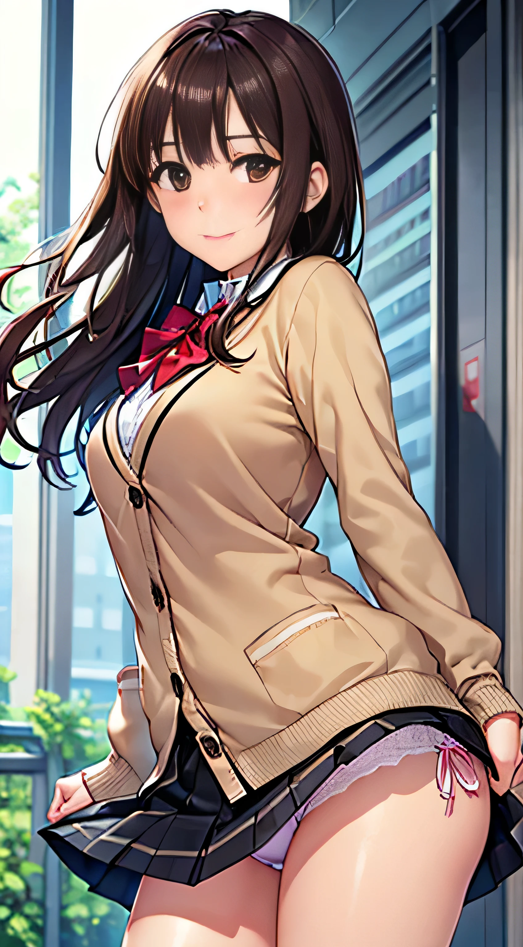 ((Tabletop, highest quality, High resolution, , Perfect Pixel, 4K,))), 1 high school girl, single, alone, beauty、The whole body is visible、 ((Mid-wave hair, bangs, Brown Hair)), ((Brown eyes, Beautiful eyelashes, Realistic eyes)), ((Detailed face, Blushing:1.2)), ((Smooth texture:0.75, Realistic texture:0.65, Realistic:1.1, Anime CG Style)), Medium Chest, Dynamic Angle, Perfect body, ((Red bow tie, , Black jacket, Open jacket, Brown cardigan, White shirt, Black Skirt, Check skirt)), 、、Very embarrassing panic smile, looked back、Leaning forward、The wind is blowing and my underwear is completely visible、Touch your buttocks with both hands、White and pink floral lace panties、Angle from below)、