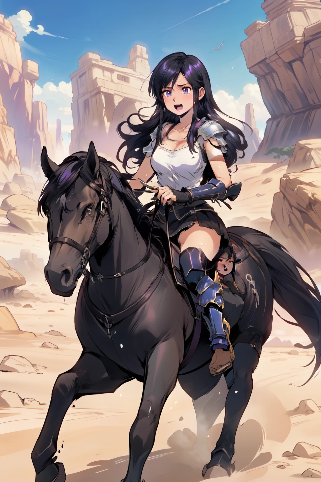 ((best quality)), ((anime masterpiece)), (high detailed), 8k, perfect face, female knight riding a WALKING GREY HORSE, (long hair, {black hair},purple armor, purple miniskirt, leather boots), exhausted, sweating face, open little mouth, solo, holding both hand to rein, in the middle of desert, view from side, anatomically correct