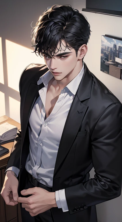 (best quality, masterpiece, 8K, photorealistic, cinematic lighting, 1:4 hdr image, top view, ultra detailed, beautiful image), a mature man, very handsome, short black hair, black eyes, perfect face without errors , ((buttoning his jacket, CEO))