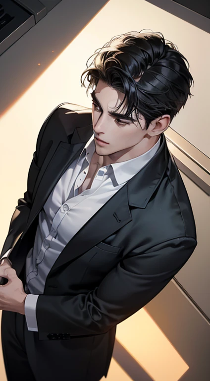 (best quality, masterpiece, 8K, photorealistic, cinematic lighting, 1:4 hdr image, top view, ultra detailed, beautiful image), a mature man, very handsome, short black hair, black eyes, perfect face without errors , ((buttoning his jacket, CEO))