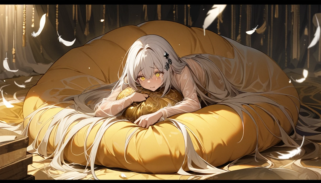 A woman, flowing white hair, melancholy eyes, yellow pupils, black diamond-shaped hairpin, A woman is cutting up a tattered super huge golden silk cushion with scissors in a dirty way. many tiny feathers are dancing, She wears a see-through gown, Tattered cushions, She's lying on a super huge golden silk cushion. The woman is crying and tearing up the cushions