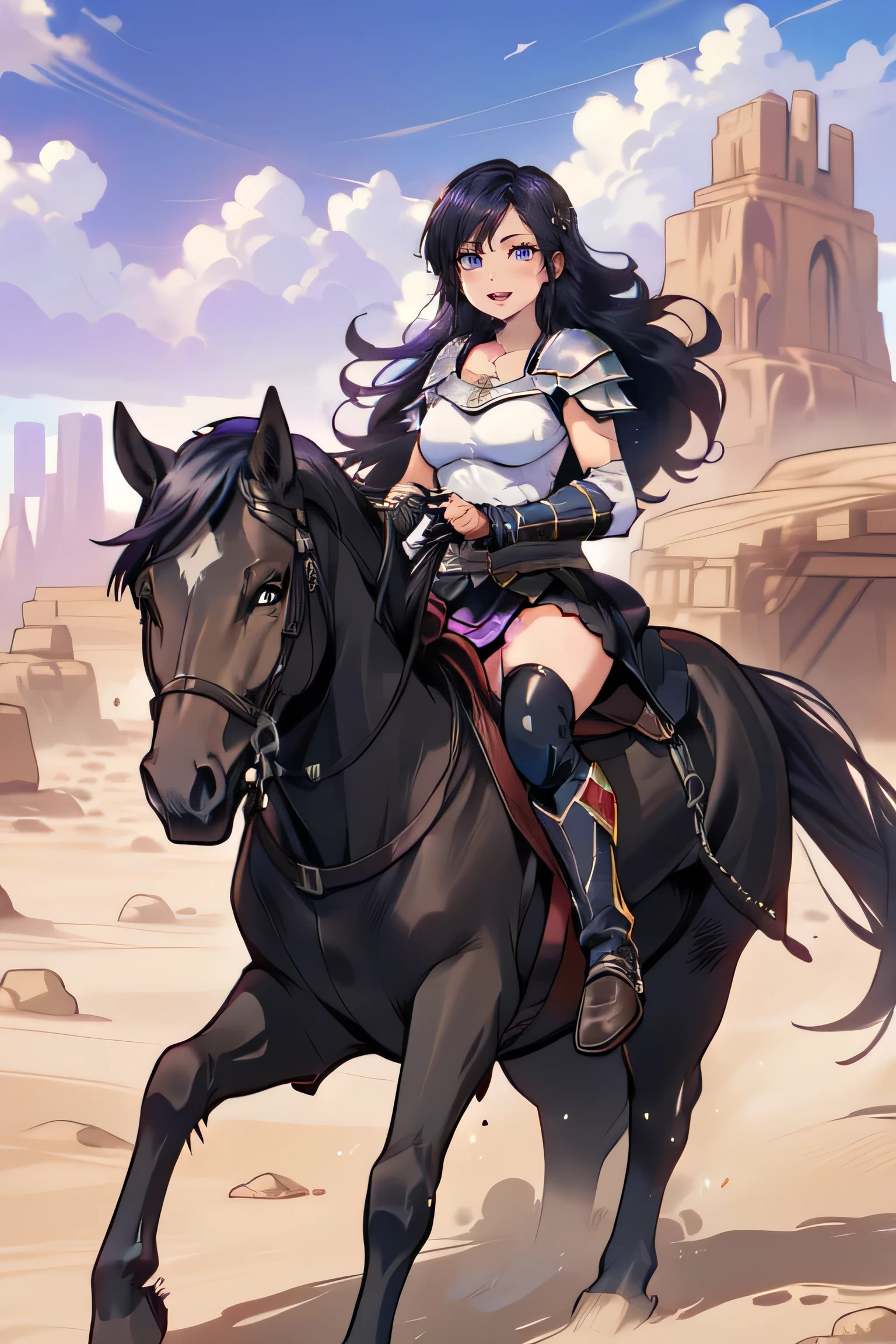 ((best quality)), ((anime masterpiece)), (high detailed), 8k, perfect face, female knight riding a WALKING GREY HORSE, (long hair, {black hair},purple armor, purple miniskirt, leather boots), exhausted, sweating face, open little mouth, solo, holding both hand to rein, in the middle of desert, view from side, anatomically correct