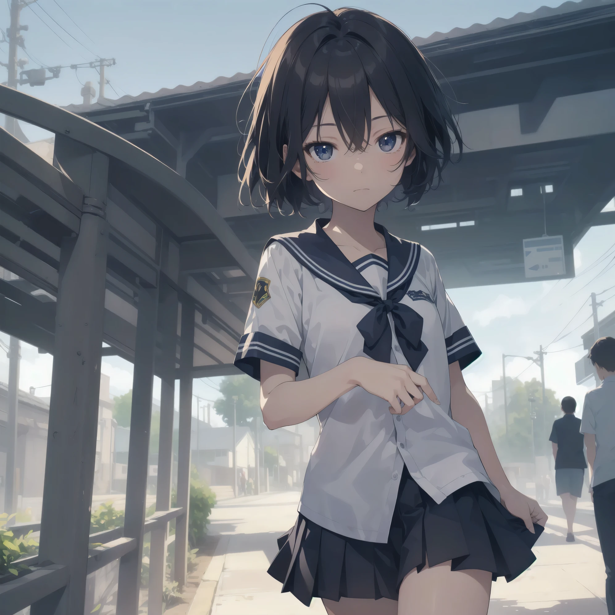 ultra-absurdres-Top quality by artist God, ultra-detailed, high resolution, anime moe artstyle, best anime 8k konachan wallpaper, pixiv contest winner, pool:2810, perfect anatomy,break, 1girl, (Please draw a girl walking sleepily to school alone. )break,(Solo,little female, 13-year-old:1.3),Full limbs, complete fingers,a junior high school student, (very short hair), short cut, flat chest, , small butt, small black eyes, beautiful detailed eyes, well-proportioned iris and pupils, expressive eyes, highres detailed hair, soft expression, salor school_uniform, sailor collar, serahuku, bow, pleated skirt,(Detailed Lighting), (Detailed background), in the School commute route. break,super detailed skin, Best cinematic lighting powered by famous artist, 8k,beauty illustration,photoshop_(medium),very aesthetic,break,((artist:clamp )), artist:akinashi yuu ,artist:oyari ashito ,artist:kantoku ,
