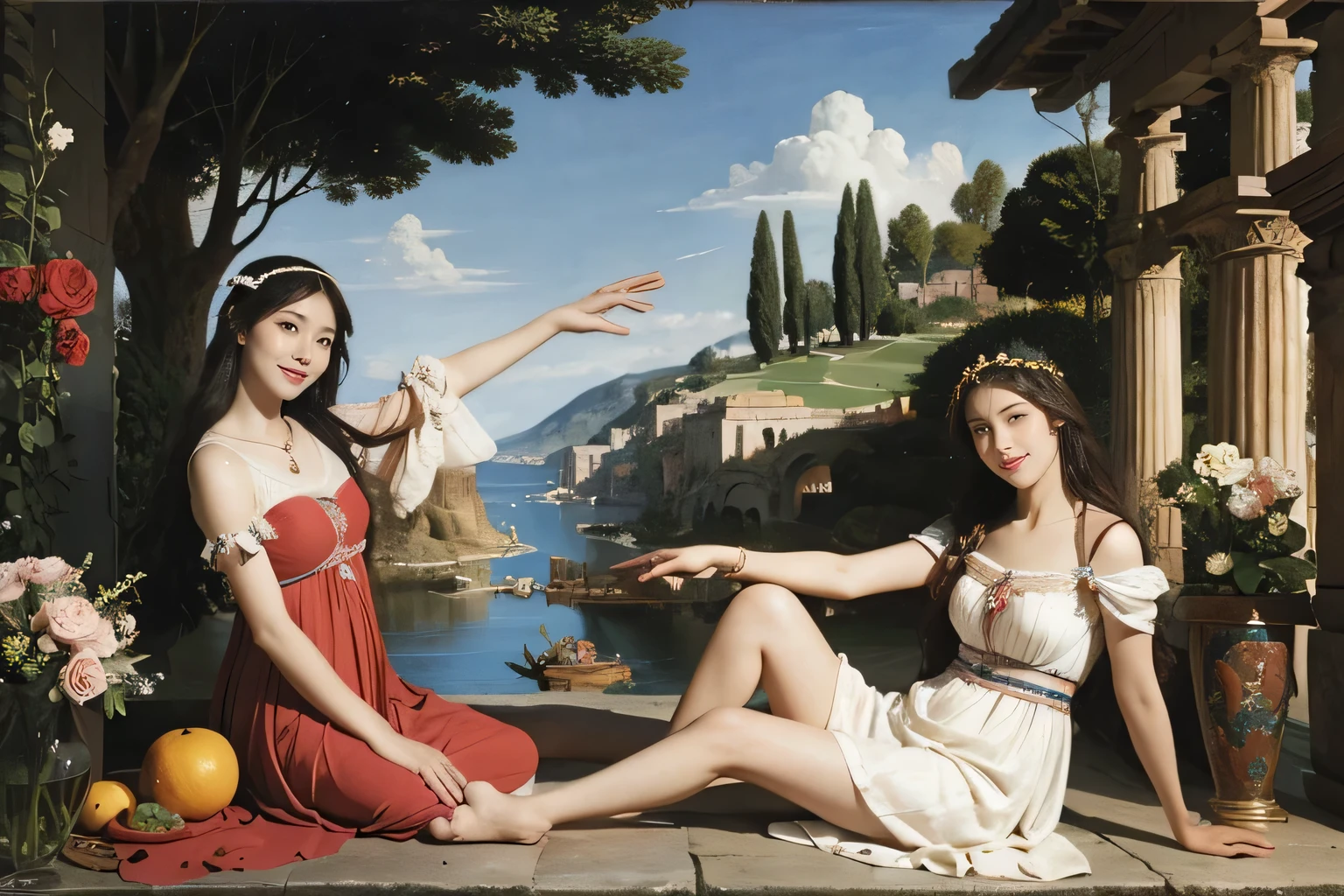 full body portrait or statue、Sandro Botticelli painting style,Arguments of two female Philosophe,math、astronomical machine、astronaut、roses in vase、fruits、Cute trinkets、smile、ancient greek costume、Ancient Roman landscape in the style of Nicolas Poussin,laughter,,Sweet and seductive appearance.、Caravaggio's paintings、Chiaroscuro of Caravaggio、hair tousled by the wind,Two women frolicking,cute smile, expression of ecstasy,Sexy,erotic