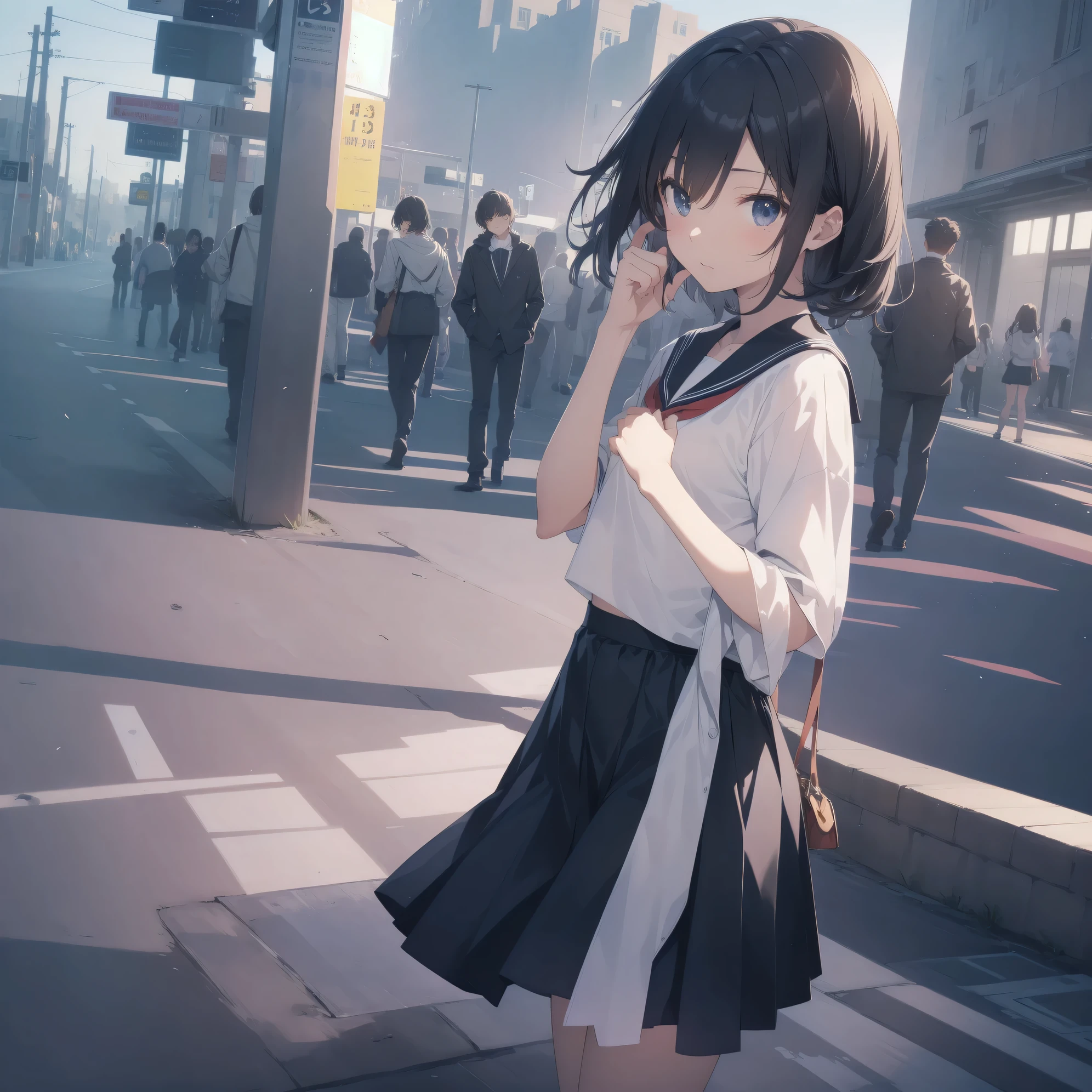 ultra-absurdres-Top quality by artist God, ultra-detailed, high resolution, anime moe artstyle, best anime 8k konachan wallpaper, pixiv contest winner, pool:2810, perfect anatomy,break, 1girl, (Please draw a girl walking sleepily to school alone. )break,(Solo,little female, 13-year-old:1.3),Full limbs, complete fingers,a junior high school student, (very short hair), short cut, flat chest, , small butt, small black eyes, beautiful detailed eyes, well-proportioned iris and pupils, expressive eyes, highres detailed hair, soft expression, salor school_uniform, sailor collar, serahuku, bow, pleated skirt,(Detailed Lighting), (Detailed background), in the School commute route. break,super detailed skin, Best cinematic lighting powered by famous artist, 8k,beauty illustration,photoshop_(medium),very aesthetic,break,((artist:clamp )), artist:akinashi yuu ,artist:oyari ashito ,artist:kantoku ,