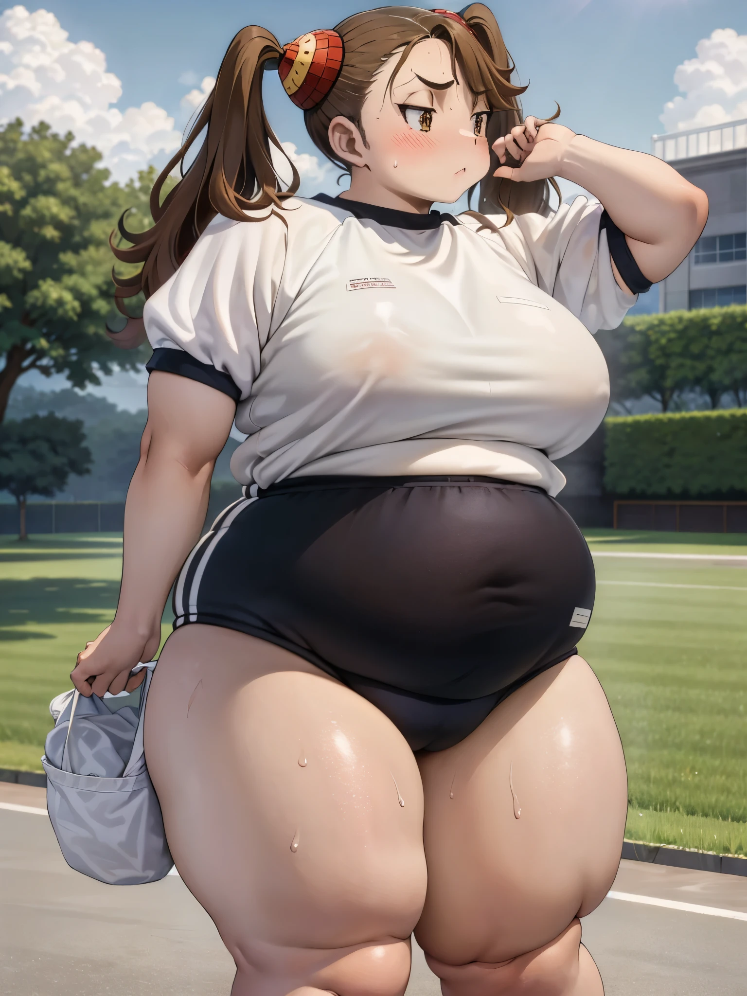 A girl wearing bloomers((From before)),Brown Hair,Light brown eyes,Blushed,Troubled expression,pigtails,BIG Boned,On the ground,steam,vapor,Big Ass,Thick legs,Thick arms,Wide pelvis,Wearing gym clothes,thick calf,tall,Sweat,Being outside,weather((Clear skies))