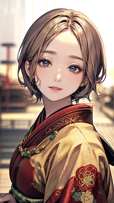 (Top quality masterpiece:1.2) Delicate illustrations, Very detailed, /Beautiful Japanese Woman、1 person,Very cute and slim、Excellent style 、((8K images、super high quality))、Very delicate face, Beautiful forehead、Beautiful thighs、Bright red lipstick,(((((short hair、Light brown hair、Blonde hair))))),very cute、Kind eyes,((((Oiran))))、starry skies、Tokyo night view
