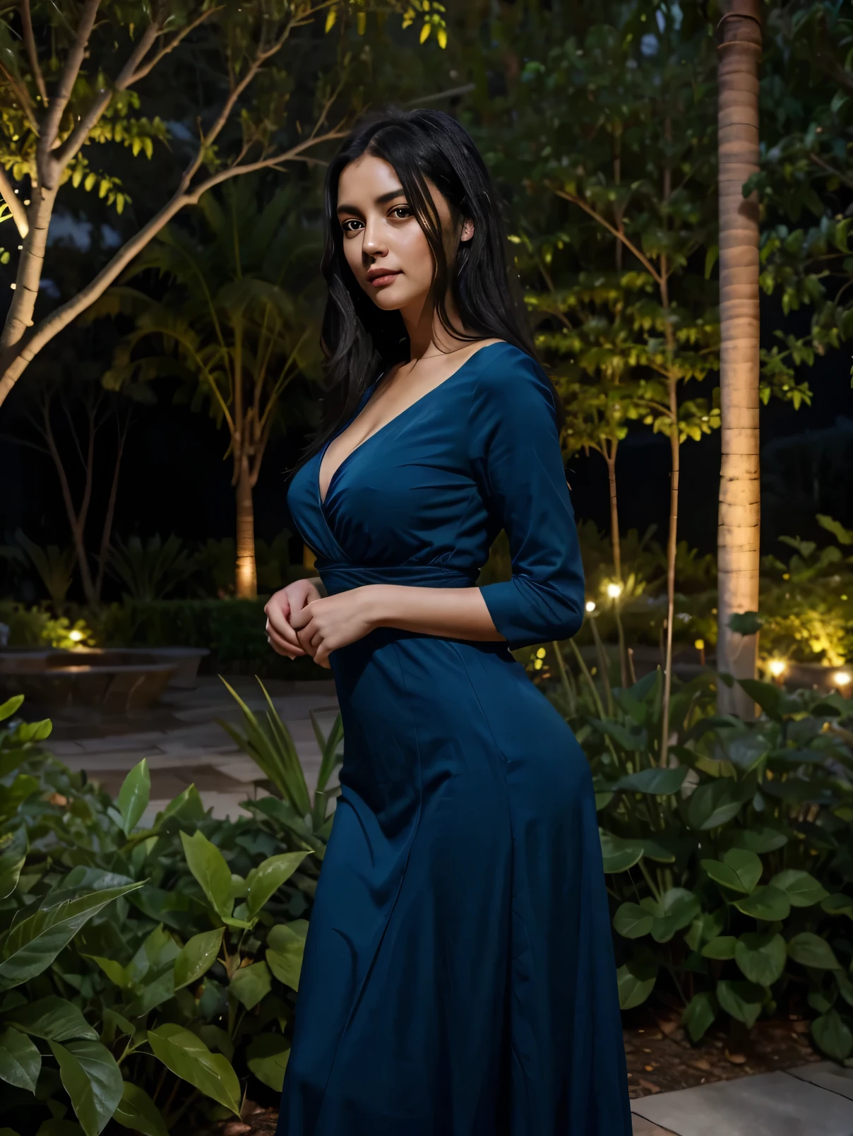 woman, black hair, long blue dress, wide hips, looking at camera, night garden background