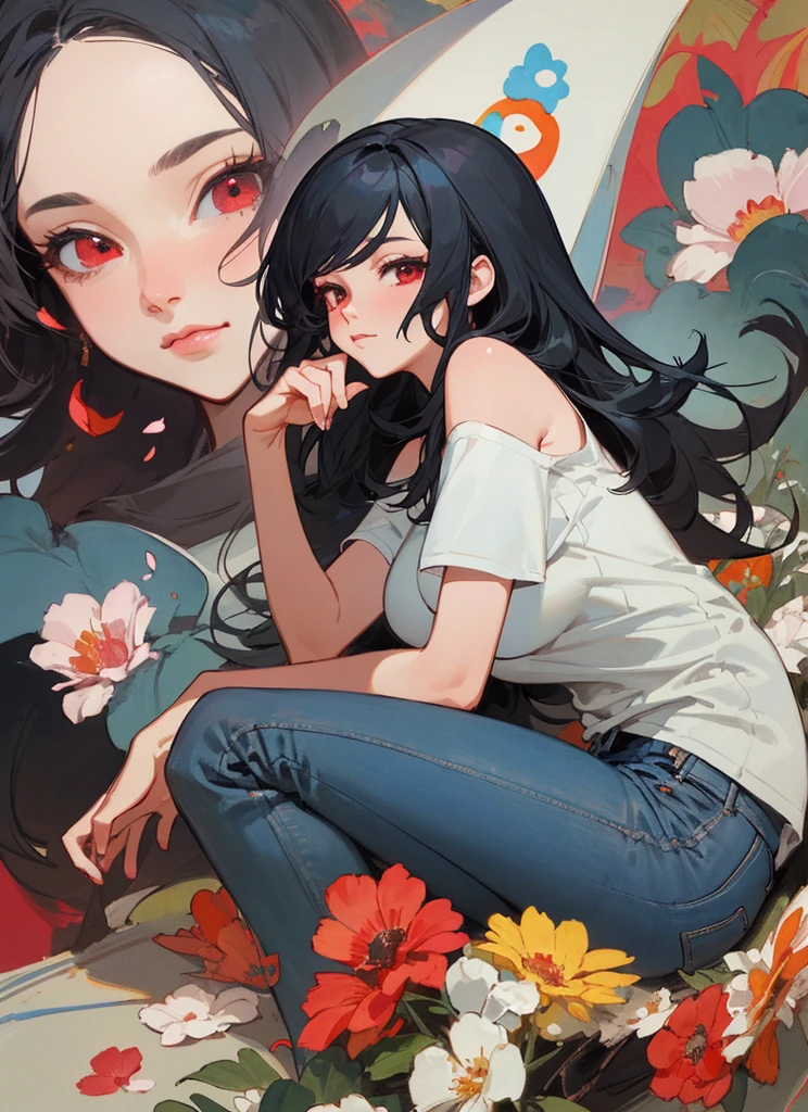 end, Hybrid Languages_article, Japanese graffiti characters, Beautiful woman , Long black hair,::((Better Quality)), ((masterpiece)), (Very detailed:1.3)(masterpiece:1.2, Better Quality), (Beautiful, detailed eyes: 1.2), (masterpiece:1.2, Better Quality), (Beautiful, detailed eyes: 1.2), ::Style Joe Madureira Comic Style ::2.9 (masterpiece:1.2, 最high quality), (Beautiful, detailed eyes: 1.2), ((1girl Kelly Brook Very beautiful woman Big breasts )), ((alone)), (Red eyes:1.4), (Fine eyes and a fine face:1.3),), (Jeans and a white T-shirt or dress:1.3), (end bonito e claro:1.2), (Extremely detailed CG, Ultra-detailed, Best shade:1.1), ((Depth of written boundary)), ((watercolor)), Big breasted, Bare shoulders, Flowers and petals, 美しいコンセプトAn illustration , (end branco:0.5), (An illustration :1.1), (Very detailed and beautiful:1.1), (Perfect details: 1.1), masterpiece, high quality, High resolution, Enhance Detail, 8k, High resolution, masterpiece, Better Quality, high quality, High resolution, Enhance Detail