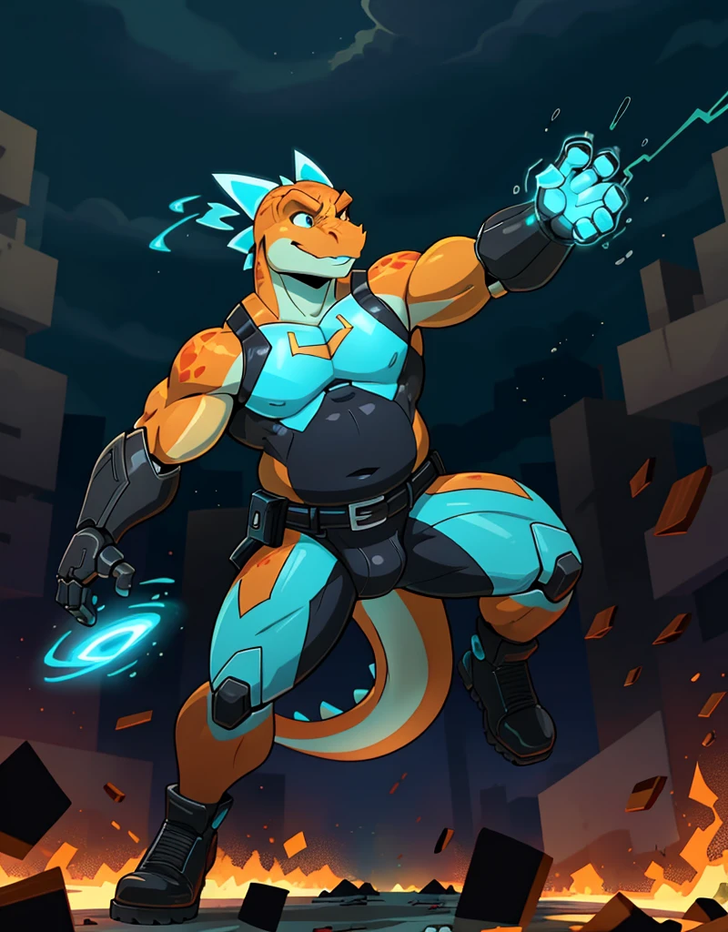 A male chubby anthropomorphic lizard with orange scales, wearing anavy blue and cyan sleeveless skimpy superhero suit with black boots and black gloves and a cyan utilitybelt , using telekinesis to lanch debris as robots ,action scene,