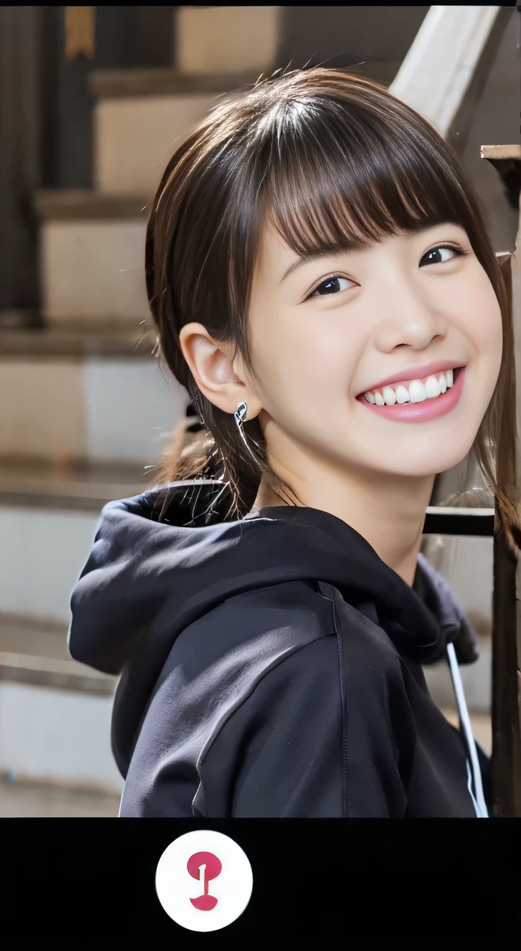 ８Ｋ、highest quality、Clear Beauty、hoodie、smile、Beautiful teeth alignment、（Gums are visible）Black Hair、Ear piercing、Upper body、The background is a staircase

