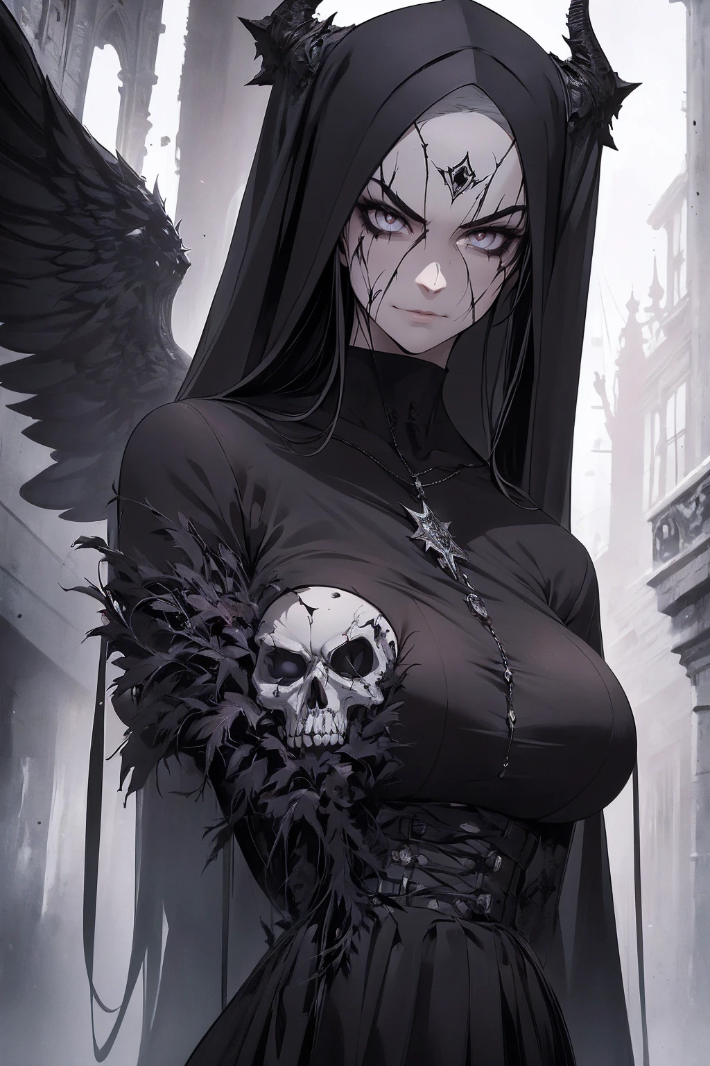 {-erro_de_anatomia:1.0} The Punisher, Nightmare before Christmas style, (masterpiece, best quality), (perfect hands), (hyper-realistic:1.6), (detailed face), (award-winning), (sharp), (8k resolution), (cinematic lighting), colors: dark and gloomy, (haunting), (intense expression), (detailed skull emblem), (eerie atmosphere), (comic book vibe),(gritty), (dramatic shadows), (dynamic pose), (ominous vibe), (artistically rendered), (sinister), (captivating), (gothic), (mysterious settinoody color palette), (expertly painted), (uneasy feeling), (intricate detailing), (sinister smile), (foreboding), (captivating eyes), (horror elements), (captivating composition), (impressive anatomy),(striking contrast), (foreboding mood), (exquisite craftsmanship), (intriguing character design), (nun), classic nun wear, brown eyes,