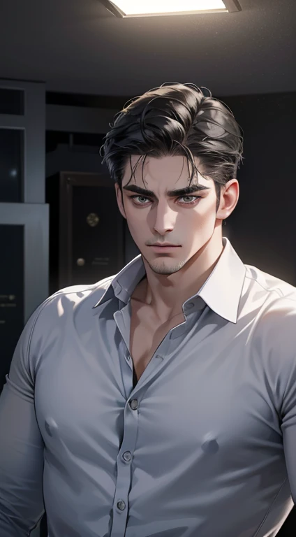 (best quality, masterpiece, 8K, photorealistic, cinematic lighting, hdr image, ultra detailed, beautiful image), 1 man, 31 years old, mature man, very handsome, (without expression, serious), short black hair, black eyes ( penetrating gaze), perfect face without errors, imposing posture, without errors, businessman, office background