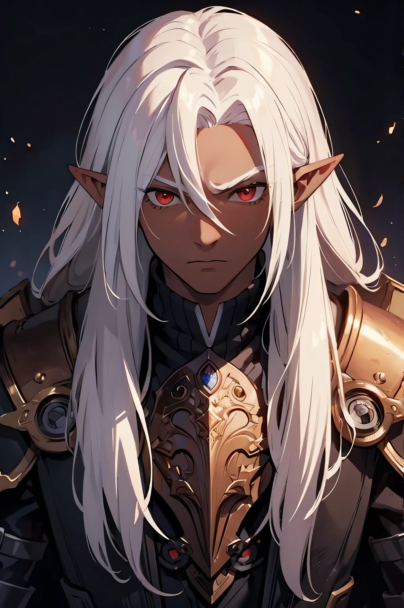 ((best quality)), ((masterpiece)), (detailed), ((boy)), (steampunk), human, upper body, portrait, red eyes, long white hair, Xemnas from Kingdom Hearts, half-drow, dark skinned, (full knight armor), paladin, chestplate, pointy ears