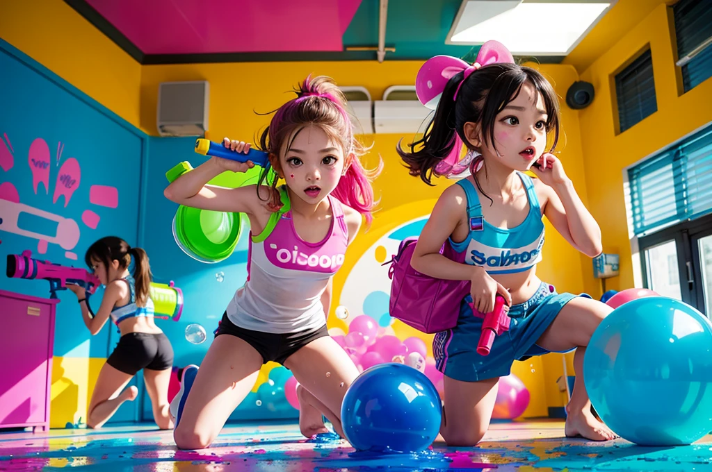 popart,tween kids playing Splatoon pretend,painting on body,playing with paint on each other using water-gun or bubble-gun,colorful classroom,beautiful lighting, volumetric lighting, dynamic pose,sharp,