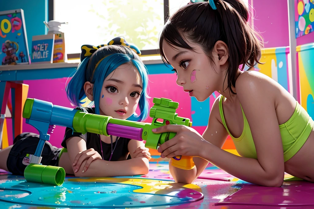 popart,tween kids playing Splatoon pretend,painting on body,playing with paint on each other using water-gun or bubble-gun,colorful classroom,beautiful lighting, volumetric lighting, dynamic pose,sharp,