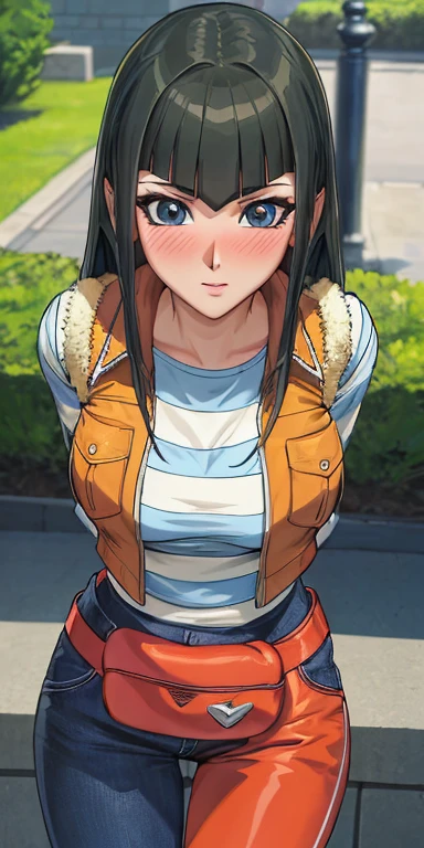 masterpiece, best quality, ultra-detailed, illustration,masterpiece, Best quality, high resolution, high resolution, CC, 1girl, vest, striped shirt, striped sleeves, fanny pack, pants,beautiful detailed eyes, looking at viewer in a seductive look, close up, (breast focus), (arms behind back:1.2), (from above:1.1),big sized breasts, attempt to seduce,blush, cleavage ,(wide thighs)