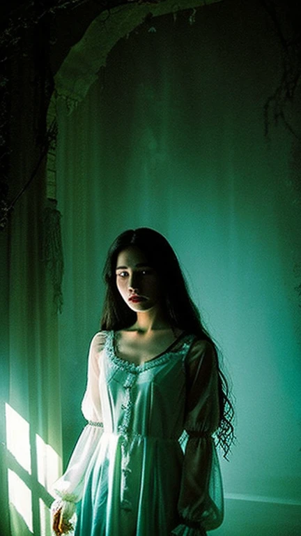 There is an ethereal and highly transparent spirit behind it,scary photos,Gothic horror masterpiece,beautiful female doll,The feeling of terror uncanny valley,There is a ghost behind,There is a spirit behind it,Gorgeous clothes,There is a drop shoulder,There is leakage on the chest