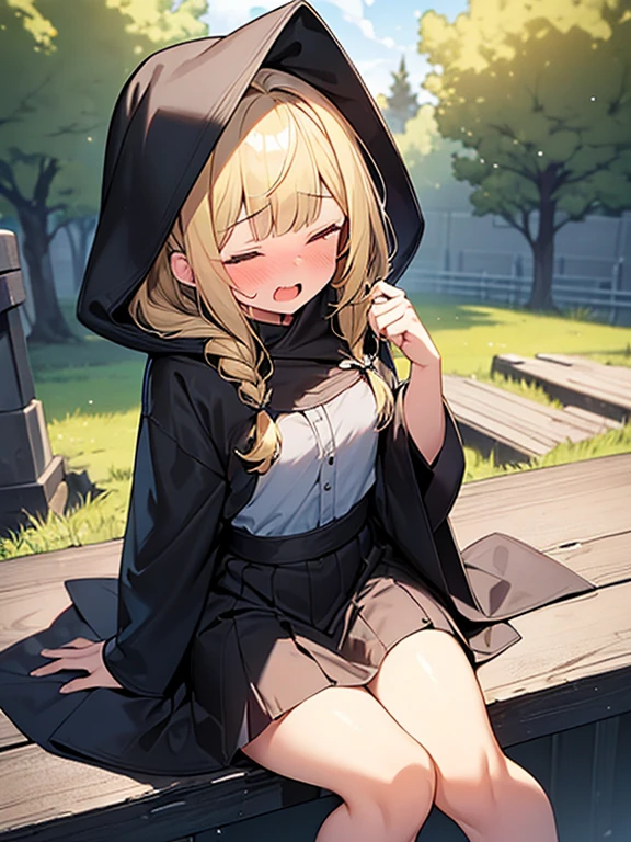 Masterpiece, Top quality, (1 beautiful girl), junior high school student, Blonde, short Hair, Braided hair, wavy Hair, blunt bangs, standard weight, (flat chest):1.3, (very large dark sorceress long robe with hood):1.3, pleated skirt, nose blush, open mouth, closed eyes, saliva, (sitting):1.3, beautiful scene of outdoors, cowboy shot, (overhead shot):1.2, (torn clothes):1.3,(injury):1.1