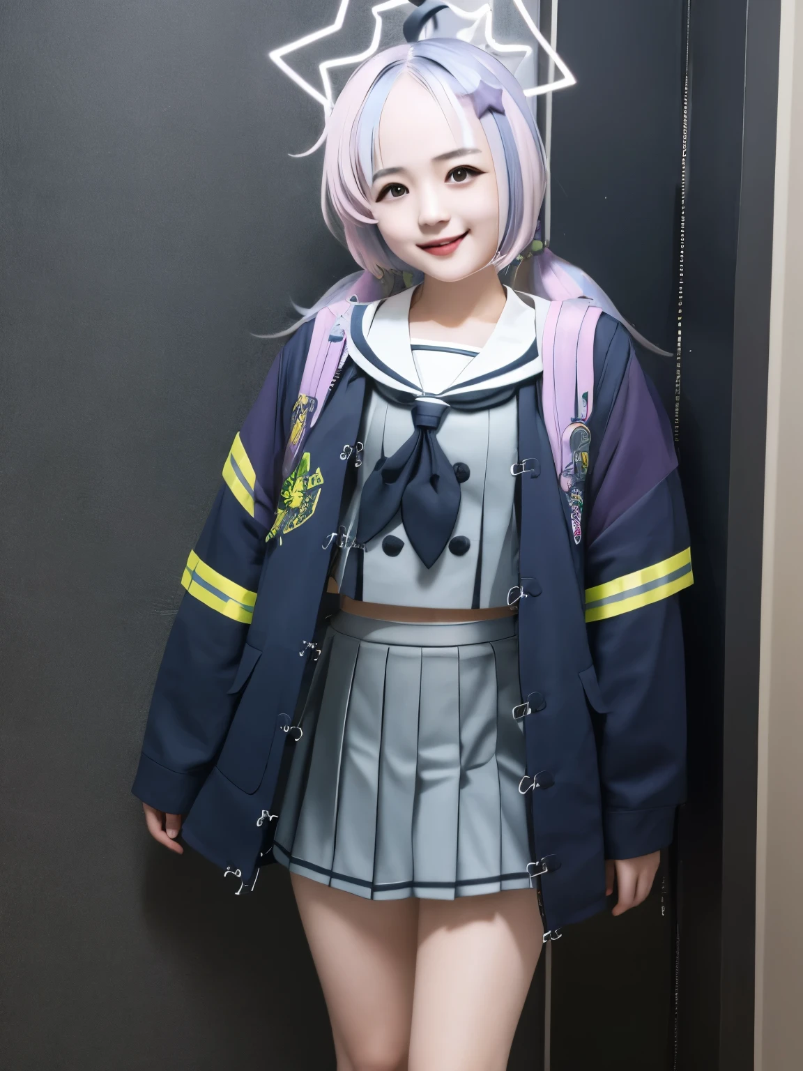 Masterpiece,hd, realistic, cosplayer, Asian young woman, 20 y.o, best quality, 1girl, indoor, standing, looking at viewer, smile, reisaid, twintails, purple eyes, hair ornament, halo, neckerchief, open jacket, gray sailor collar, gray pleated skirt, standing 