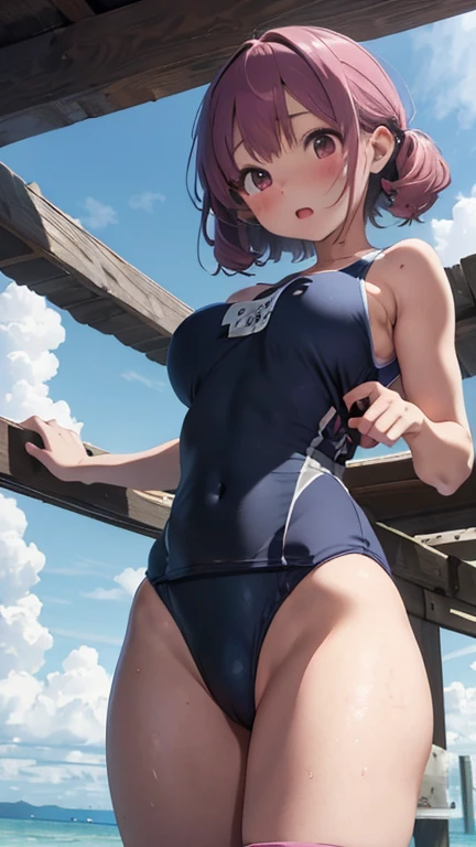 masterpiece、highest quality、Very detailed、Photograph the upper body、1 female、(Put your arms behind your back:1.4)、Are standing、Turn your body forward、View your viewers、(school swimsuit)、break,blush、shy、Pink Hair、Open your mouth、Sandy Beach、Big Breasts、