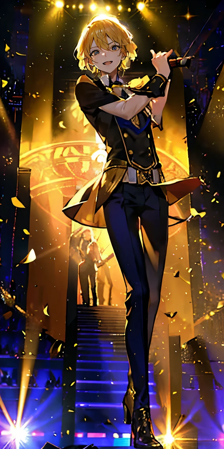 (Mastepiece), (Best Quality), Very detailed, ((1 boy)), Perfect Face, Beautiful Face, Very detailedな顔,((Blonde_short hair_Golden Eyes:1.3)),Male solo idol、Gorgeous idol costumes、Cape、boots、(pants:1.2)、(Hold the microphone)、stage、Concert Dome、Lots of confetti、(smile:1.4)、(Open your mouth wide)、sing、dance、Wink、Laser light、Spotlight