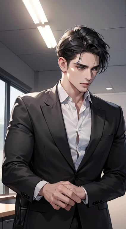 (best quality, masterpiece, 8K, photorealistic, cinematic lighting, hdr image, ultra detailed, beautiful image), 1 man, 31 years old, mature man, very handsome, (without expression, serious), short black hair, black eyes ( penetrating gaze), perfect face without errors, imposing posture, without errors, businessman, office background