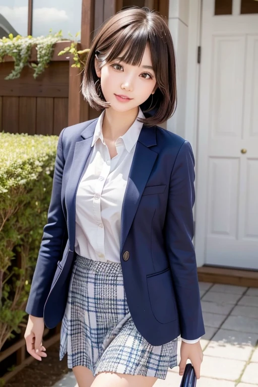 ((highest quality)), ((masterpiece)), (detailed), Perfect Face、4K、cute、Well-formed face、Marugao、Baby Face、18Year Old High School Girl、A little BBW、Large Breasts、Ocean岸、Ocean、Get wet、Troubled jaw、Date with boyfriend、Navy Blue Blazer、White shirt、uniform、Checked skirt、Medium Bob Hair、Walking and Conversation、