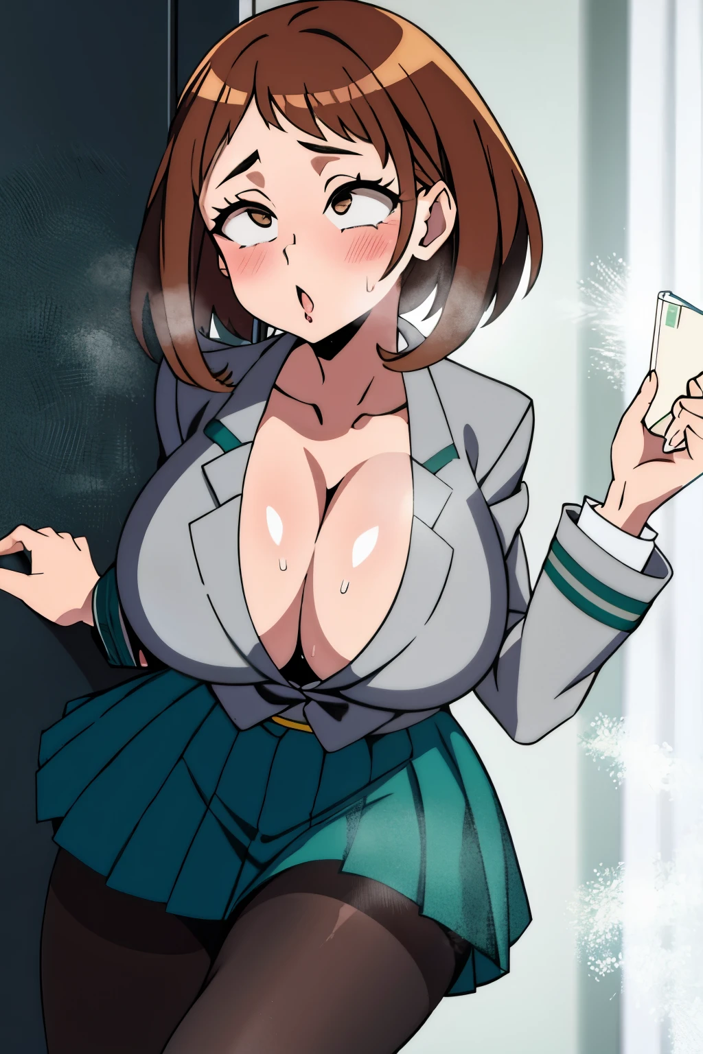 masterpiece, highest quality, High Contrast, Professional photography, Soft Light, Sharp focus, One girl, Mochako, Brush Sticker, short hair,  (Huge breasts:1.4), blush, Embarrassing, , Green Skirt, Pleated skirt, Red tie, Black Pantyhose, White shirt, Long sleeve, Grey jacket,Beautiful brown eyes, Cleavage, Big Breasts, sweating, blushする, Heavy breathing,Place your arms behind your head,Stand with legs apart,, Ohogao + Fucked Silly