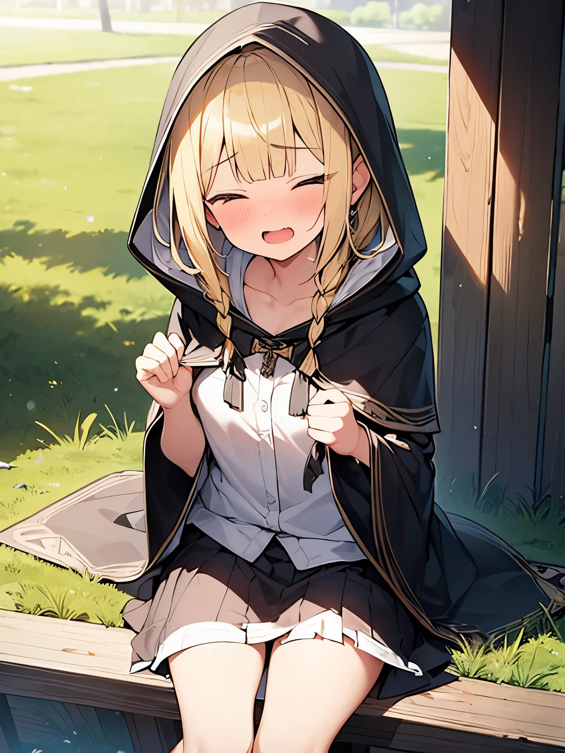 Masterpiece, Top quality, (1 beautiful girl), junior high school student, Blonde, short Hair, Braided hair, wavy Hair, blunt bangs, standard weight, (flat chest):1.3, (very large dark sorceress long robe with hood):1.3, pleated skirt, nose blush, open mouth, closed eyes, saliva, (sitting):1.3, beautiful scene of outdoors, cowboy shot, (overhead shot):1.2, (torn clothes):1.3,(injury):1.1