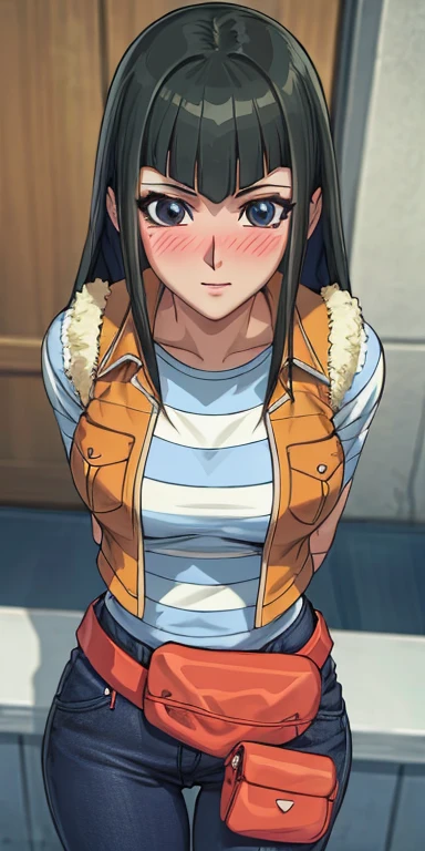 masterpiece, best quality, ultra-detailed, illustration,masterpiece, Best quality, high resolution, high resolution, CC, 1girl, vest, striped shirt, striped sleeves, fanny pack, pants,beautiful detailed eyes, looking at viewer in a seductive look, close up, (breast focus), (arms behind back:1.2), (from above:1.1),big sized breasts, attempt to seduce,blush, cleavage ,(wide thighs)