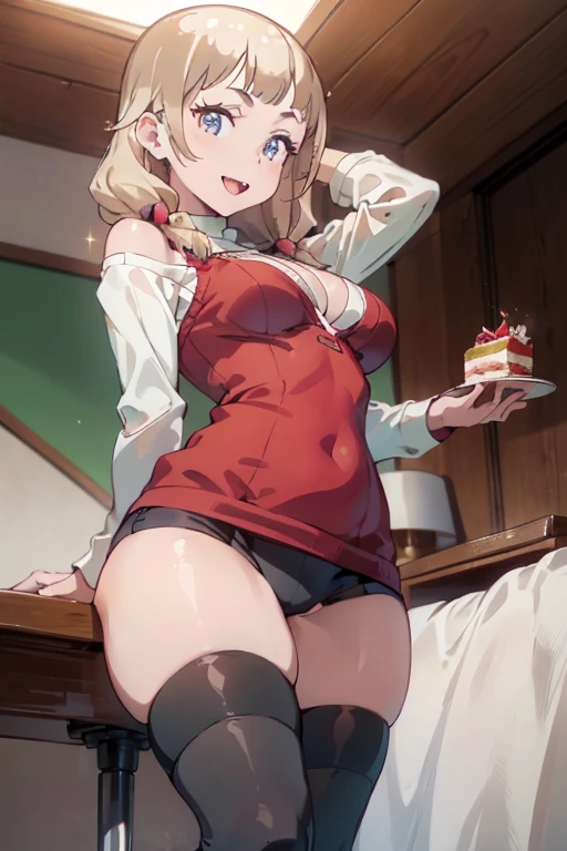 (dynamic angle:1.3, front view:1.1, breast focus:1.3, from below:1.2), (dynamic posing:1.5, sexy posing:1.2, leaning forward), (seductive smiling:1.3), ((looking at viewer, holding a cake)),highest quality、(real、photorealistic:1.4),(ultra high resolution, 8K RAW photo, clear focus), best qualtiy, natural lighting, field depth, (Bright pupils, detailed beautiful eyes, high detailed face), Red lip, (tight focus:1.2, from below), sexy posing, a girl 22yo old, teacher, wearing a , bootyshorts, Thicc, thin breast, long hair, blue eyes,off-shoulder dress, sweater dress, off-shoulder sweater, red sweater,garter stocking, cleavage:1.1, midriff, black shorts, black thighhighs, thigh strap, pretty girl, (highly detailed beautiful face and eyes,firm breasts),real skin,((black,hair,long pony tail hair)),thin pubic hair,cute,lovely, detailed eyes, This masterpiece is only visually stunning but also tells,(double breasted:1.2,under bust:1.2),(with sparkling eyes and a contagious smile),open mouth, Looking at Viewer, posed cleavage:1.2,pose muy sexy"
