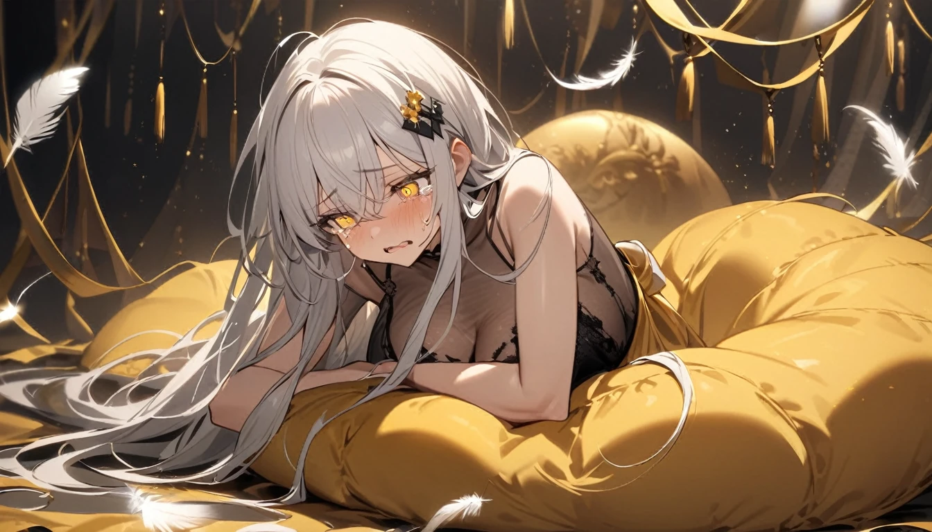 A woman, flowing white hair, melancholy eyes, yellow pupils, black diamond-shaped hairpin, A woman is cutting up a tattered super huge golden silk cushion with scissors in a dirty way. many tiny feathers are dancing, She wears a see-through gown, Tattered cushions, She's lying on a super huge golden silk cushion. The woman is crying and tearing up the cushions with scissors