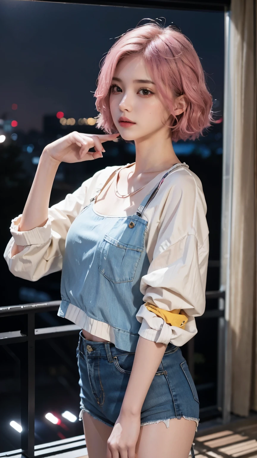 RAW shooting,12k, 最high quality, masterpiece, 超High resolution, (Realistic:1.4), RAW Photos, 1 girl,, short hair, (masterpiece, 最high quality, high quality, High resolution, Very detailed),pink hair, (Night lighting:1.4), Cyberpunk attire、Layer Color、Clothes with lots of zippers、Baggy clothes、white, pink, Blue and yellow clothes、Looking at the audience、Near future