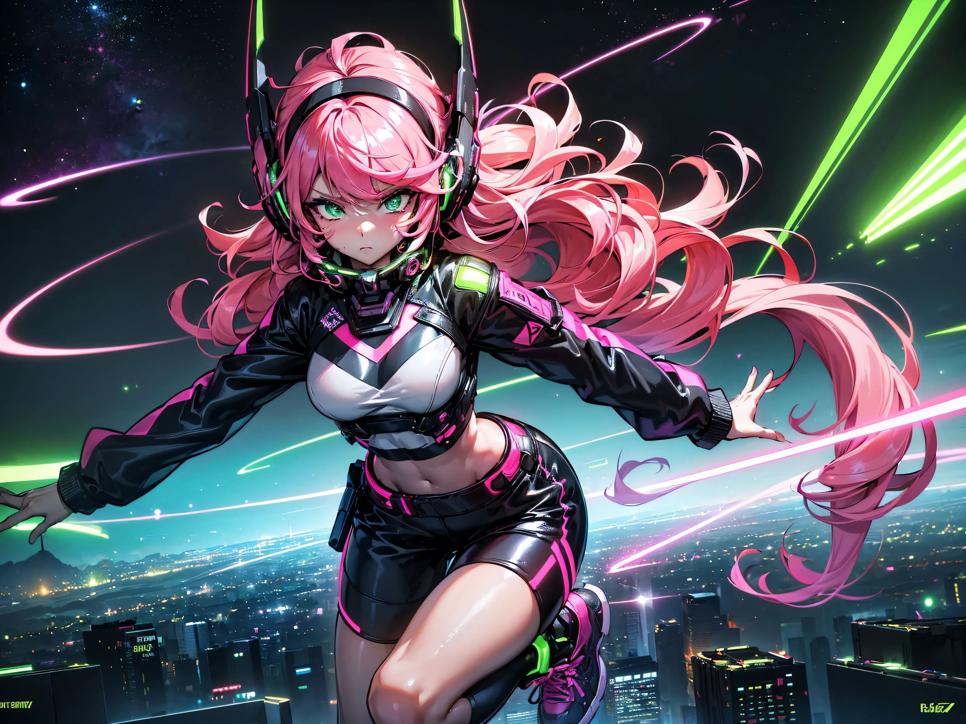 masterpiece:1.4, 1girl ((20year old, dressed in long sleeve shirt, tight black shorts, sneakers, medium breasts, multicolor pink hair, curly long hair, green eyes:1.4, Wearing headphones, badass, close up, futuristic city in background, floating in outer space:1.1 galaxy and earth in background:1.1, neon and energetic atmosphere:1.2)) ((nighttime)) ((solo:1.6))