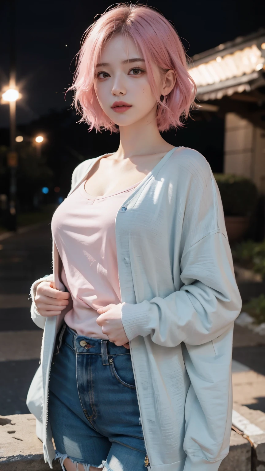 RAW shooting,12k, 最high quality, masterpiece, 超High resolution, (Realistic:1.4), RAW Photos, 1 girl,, short hair, (masterpiece, 最high quality, high quality, High resolution, Very detailed),pink hair, (Night lighting:1.4), Cyberpunk attire、Layer Color、Clothes with lots of zippers、Baggy clothes、white, pink, Blue and yellow clothes、Looking at the audience、Near future