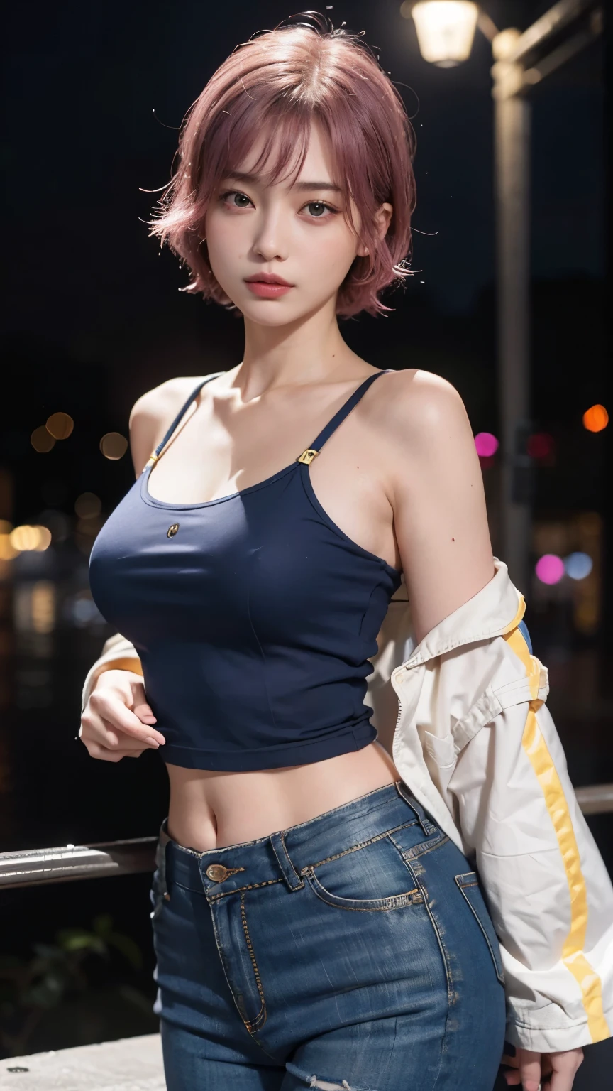 RAW shooting,12k, 最high quality, masterpiece, 超High resolution, (Realistic:1.4), RAW Photos, 1 girl,, short hair, (masterpiece, 最high quality, high quality, High resolution, Very detailed),pink hair, (Night lighting:1.4), Cyberpunk attire、Layer Color、Clothes with lots of zippers、Baggy clothes、white, pink, Blue and yellow clothes、Looking at the audience、Near future