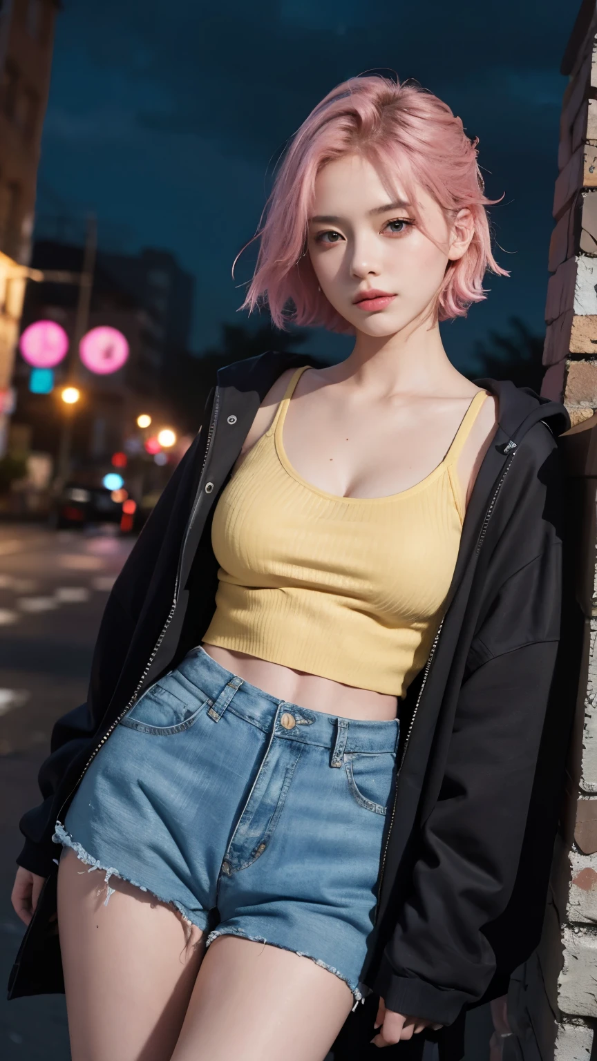 RAW shooting,12k, 最high quality, masterpiece, 超High resolution, (Realistic:1.4), RAW Photos, 1 girl,, short hair, (masterpiece, 最high quality, high quality, High resolution, Very detailed),pink hair, (Night lighting:1.4), Cyberpunk attire、Layer Color、Clothes with lots of zippers、Baggy clothes、white, pink, Blue and yellow clothes、Looking at the audience、Near future