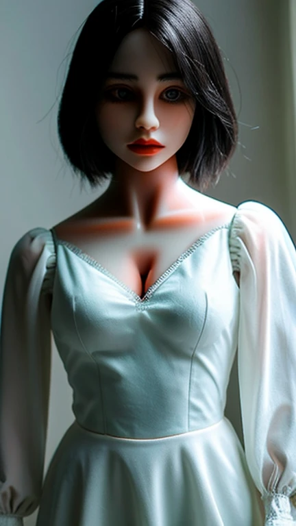 scary photos，Gothic horror masterpiece，There is an ethereal and transparent soul behind the face，Beautiful female doll，behind，feeling of horror，Uncanny Valley，There is a spirit behind it，Gorgeous clothes，There is a drop shoulder，There is leakage on the chest