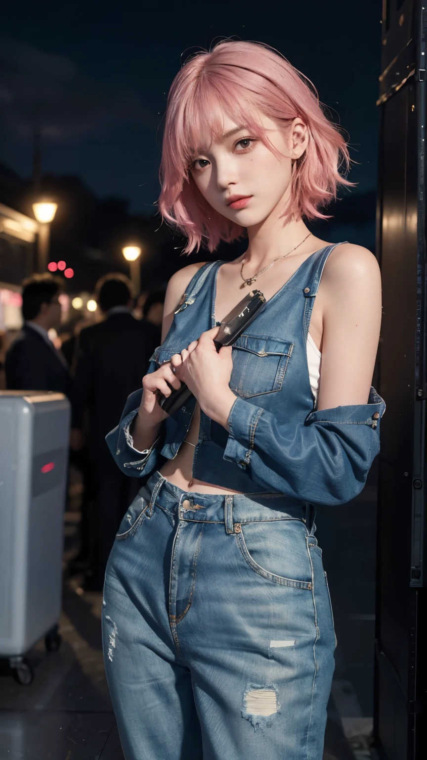 RAW shooting,12k, 最high quality, masterpiece, 超High resolution, (Realistic:1.4), RAW Photos, 1 girl,, short hair, (masterpiece, 最high quality, high quality, High resolution, Very detailed),pink hair, (Night lighting:1.4), Cyberpunk attire、Layer Color、Clothes with lots of zippers、Baggy clothes、white, pink, Blue and yellow clothes、Looking at the audience、Near future