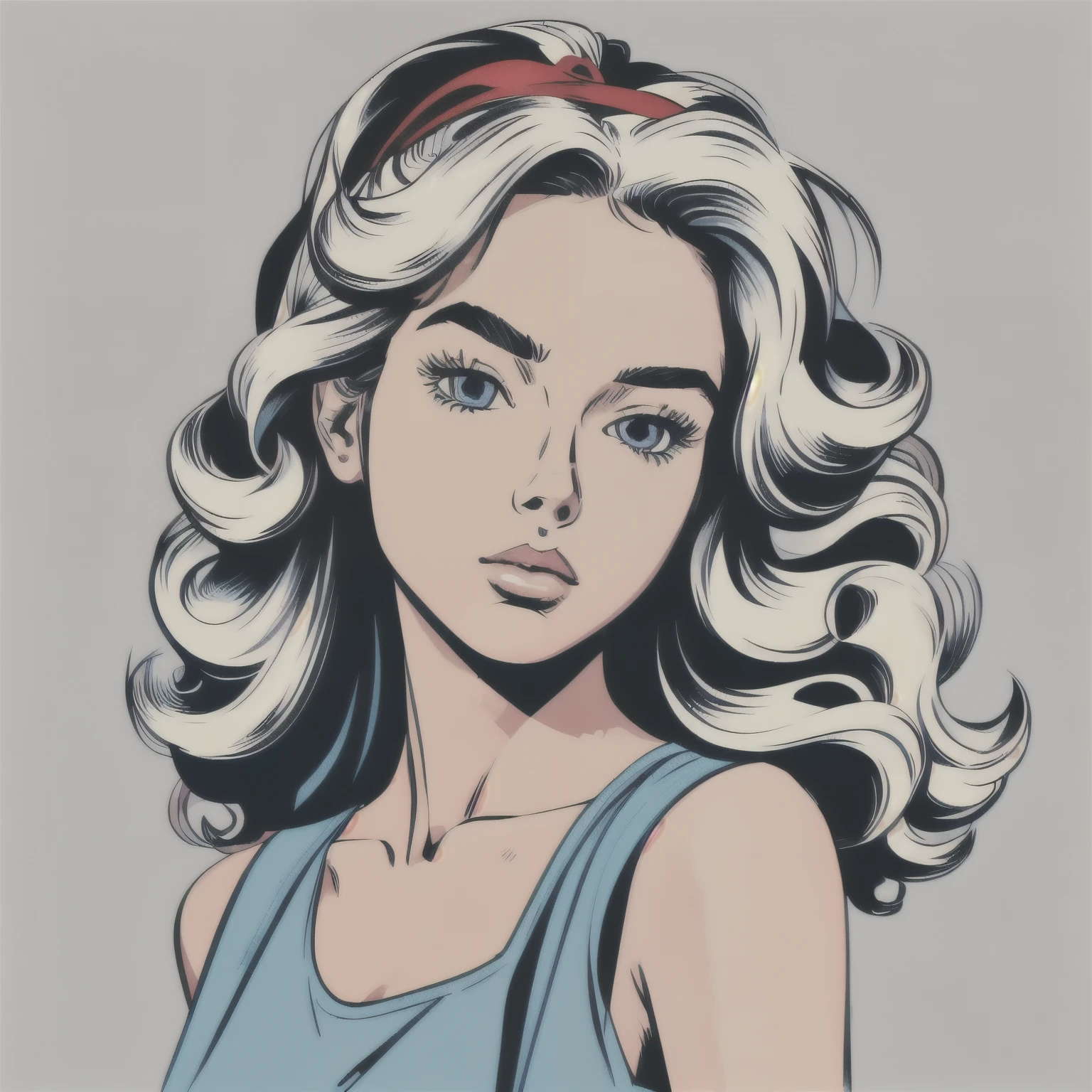 Flat Color, 25 year old surfer girl, Sunburn, ([blue eyes]) Long white wavy hair, Natural beauty, beautiful, casual, Red Tank Top, masterpiece, Pop Art, close, Portraiture, Anime Style, Simple and bold colored line art, Manga style illustration, Cartoon Art Style, Digital illustration style, highly detailed character design, Cute and detailed digital art, beautiful digital illustration, high quality Portraiture, Comic art, Character Design Portrait, (([Simple gray background])) Pop Art, 