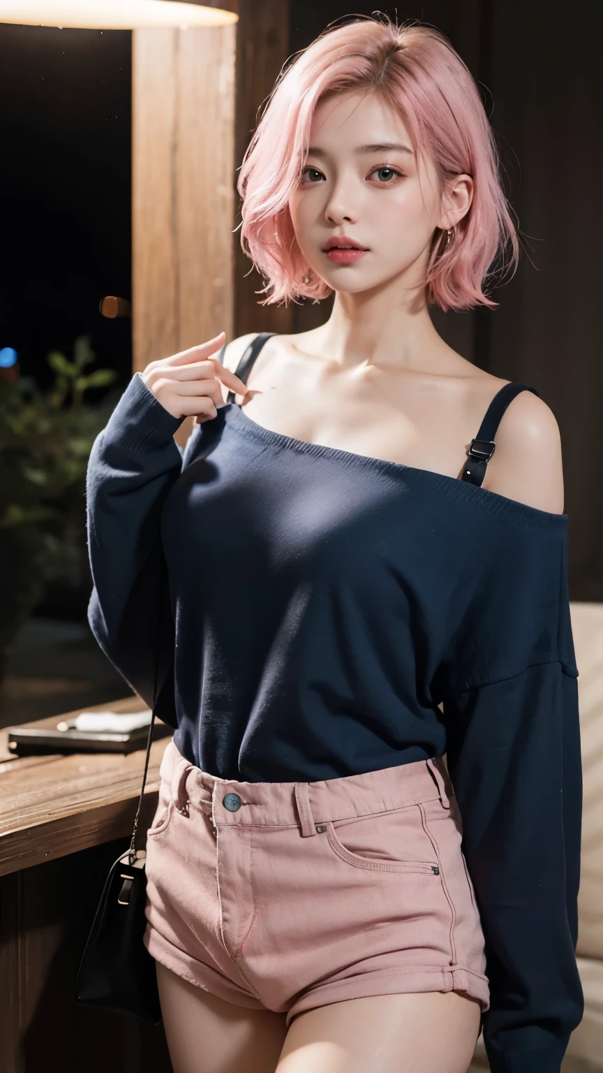 RAW shooting,12k, 最high quality, masterpiece, 超High resolution, (Realistic:1.4), RAW Photos, 1 girl,, short hair, (masterpiece, 最high quality, high quality, High resolution, Very detailed),pink hair, (Night lighting:1.4), Cyberpunk attire、Layer Color、Clothes with lots of zippers、Baggy clothes、white, pink, Blue and yellow clothes、Looking at the audience、Near future