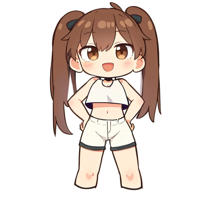 masterpiece, best quality, 1girl, (chibi:1.1), crop top, shorts, brown hair, twintails, brown eyes, smile, rating_safe
