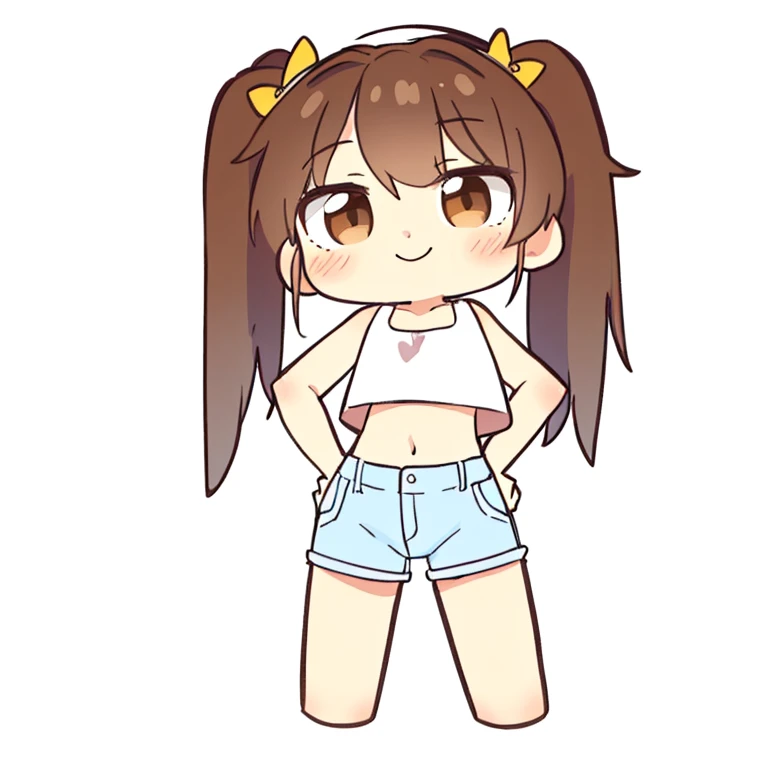 masterpiece, best quality, 1girl, (chibi:1.1), crop top, shorts, brown hair, twintails, brown eyes, smile, rating_safe