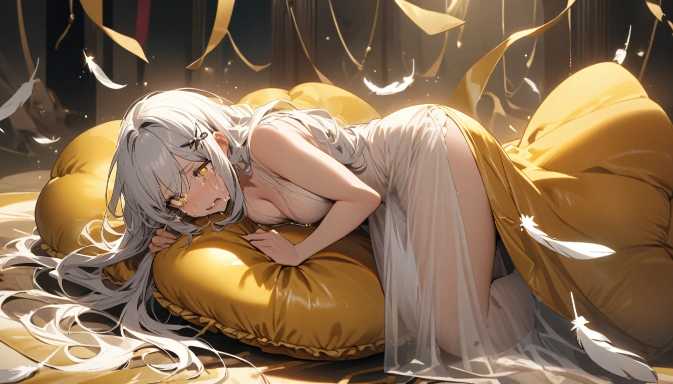 A woman, flowing white hair, melancholy eyes, yellow pupils, black diamond-shaped hairpin, A woman is cutting up a tattered super huge golden silk cushion with scissors in a dirty way. many tiny feathers are dancing, She wears a see-through gown, Tattered cushions, She's lying on a super huge golden silk cushion. The woman is crying and tearing up the cushions with scissors