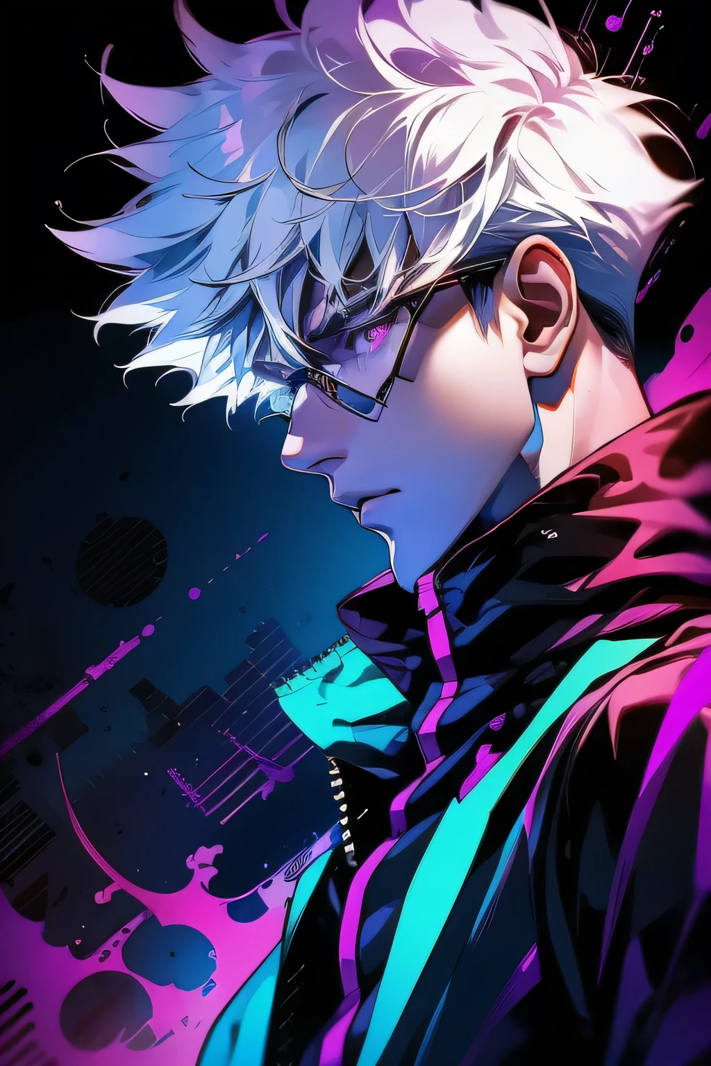 a man with white hair and a purple jacket holding a cell phone, cyberpunk art inspired by Munakata Shikō, tumblr, digital art, ufotable art style, anime wallaper, profile picture 1024px, trigger anime artstyle, badass anime 8 k, tokyo ghoul, 4k anime wallpaper, jujutsu kaisen