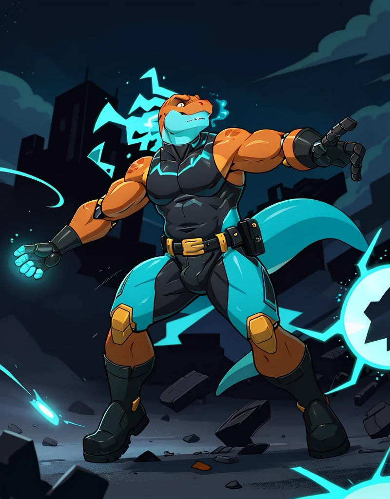 A male chubby anthropomorphic lizard with orange scales, wearing cyan sleeveless skimpy superhero suit with black boots and black gloves and a cyan utilitybelt , using telekinesis to lanch debris as robots ,action scene, 