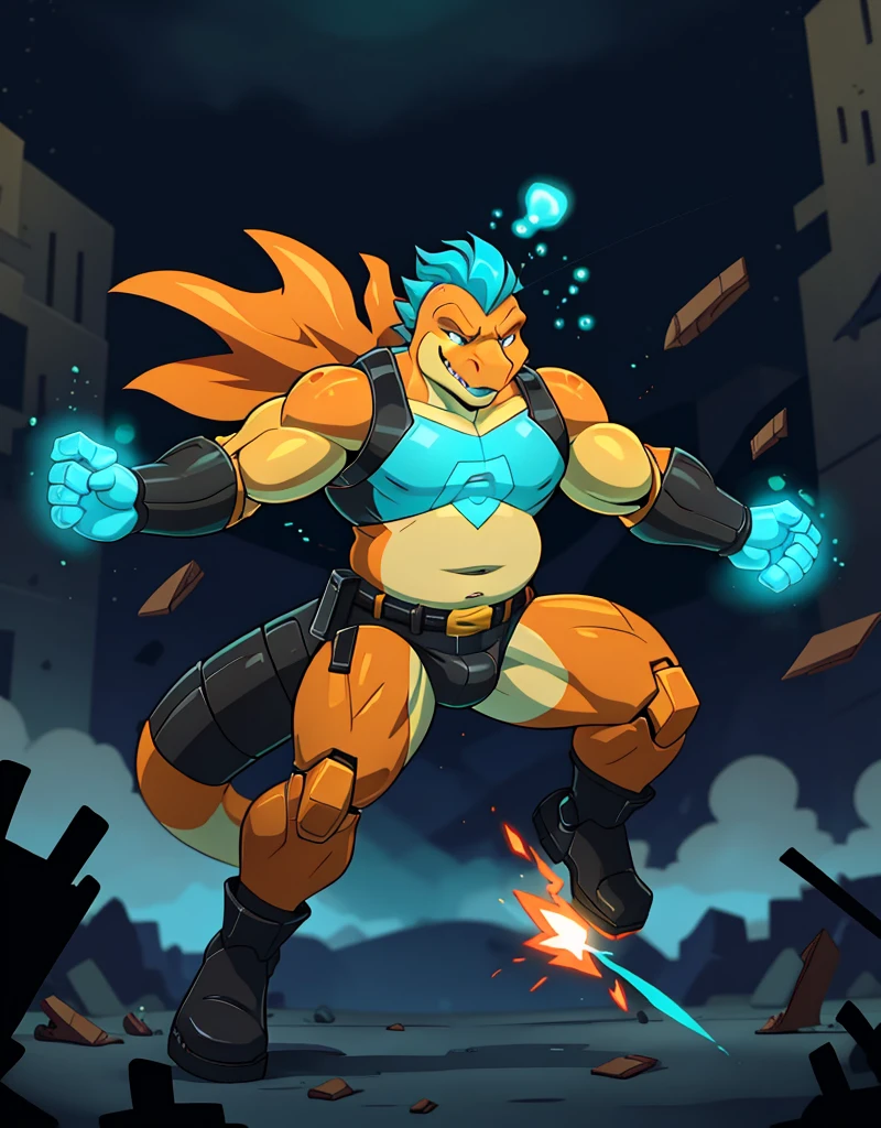 A male chubby anthropomorphic lizard with orange scales, wearing cyan sleeveless skimpy superhero suit with black boots and black gloves and a cyan utilitybelt , using telekinesis to lanch debris as robots ,action scene, 