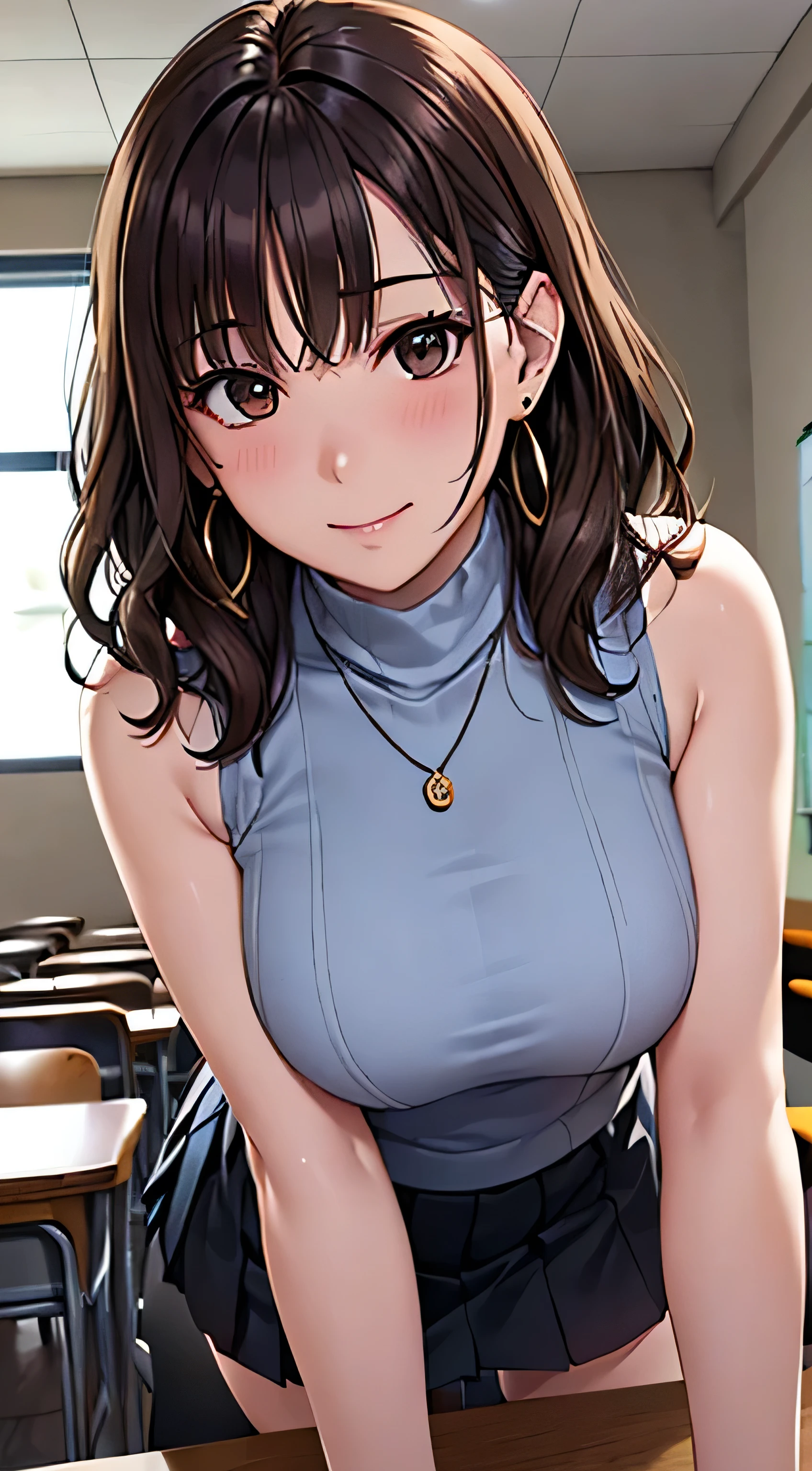 (Tabletop, highest quality, High resolution, , Perfect Pixel, 4K,), 1 girl, single, alone, Beautiful woman、I could see the whole body、 ((Wavy mid-length hair, bangs, Brown Hair)), ((Brown eyes, Beautiful eyelashes, Realistic eyes)), ((Detailed face, blush:1.2)), ((Smooth texture:0.75, Realistic texture:0.65, Realistic:1.1, Anime CG Style)), Medium Chest, Dynamic Angle, Perfect body, female teacher、((, White sleeveless turtleneck sweater、Dark Blue Long Pleated Skirt、Black Stockings、Cute Necklace、Earrings、)), look up、A shy smile、Accentuate your breasts、Leaning forward significantly、)、Angle from below、classroom、Sit on a chair、、