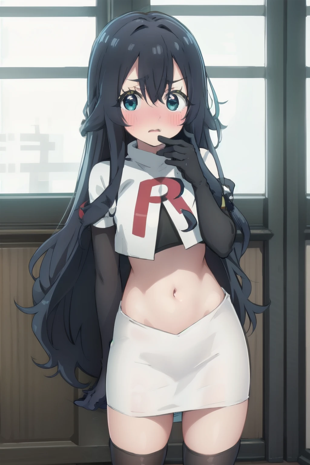 yoshimoto shizuka, 1girl, solo, long hair, looking at viewer, blush, blue eyes, black hair, hair between eyes, very long hair, (shy, blush, embarassed:1.2), (()),high quality, ultra high res, (best quality:0.8), 8k, uhd, dslr, soft lighting, high quality, team rocket,team rocket uniform,white skirt,red letter R,crop top,black thigh-highs,black elbow gloves, cowboy shot